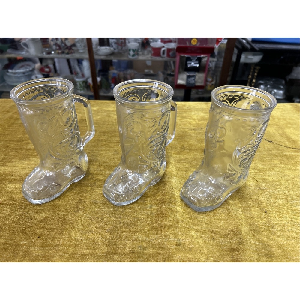 Vintage Cowboy Boot Beer Mugs Set of 3 Glass Bird Design 12oz Western Barware